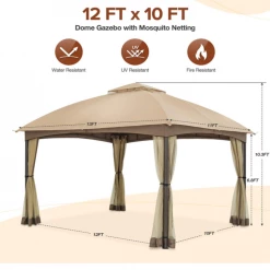 Gazebo Parts Direct Allen And Roth Inspired 10x12 Patio Dome Gazebo W/Mosquito Netting, Two-Tier Vented Top For Backyard Garden Lawn (Beige)