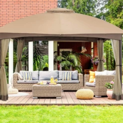 Gazebo Parts Direct Allen And Roth Inspired 10x12 Patio Dome Gazebo W/Mosquito Netting, Two-Tier Vented Top For Backyard Garden Lawn (Beige)