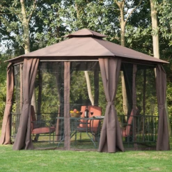 Gazebo Parts Direct 13' X 13' Outdoor Patio Gazebo Canopy Pavilion With Removable Mesh Netting, Curtains, Double Tiered Roof, UV Protection & Large Floor Space Coffee Hexagon