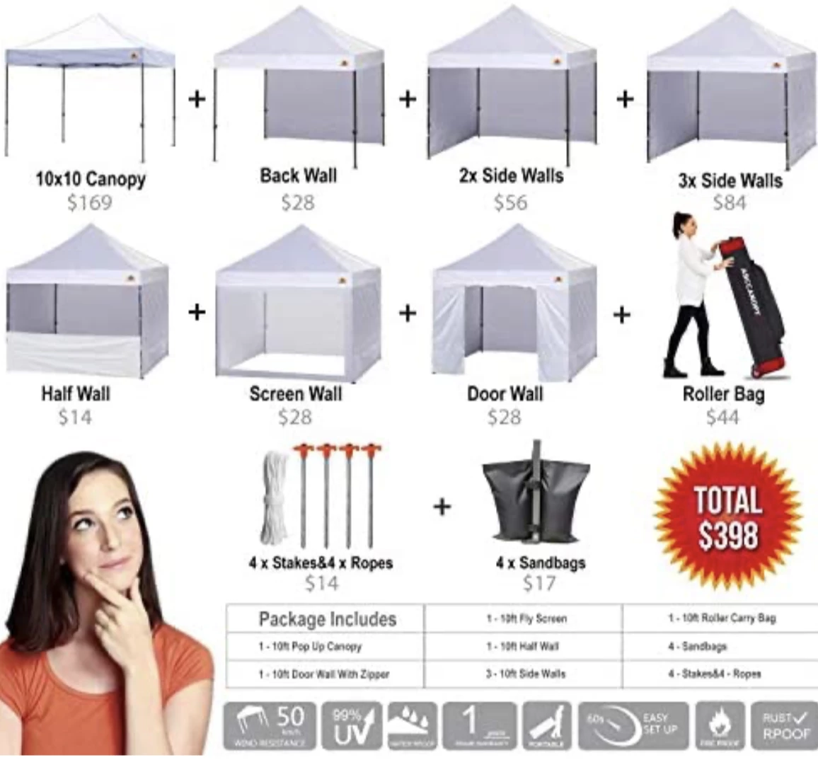 Gazebo Parts Direct Catalog Canopy 10x10 Pop Up Canopies Commercial Tents Market Stall With 6 Removable Sidewalls And Roller Bag Bonus 4 Weight Bags And 10ft Screen Netting And Half Wall, White
